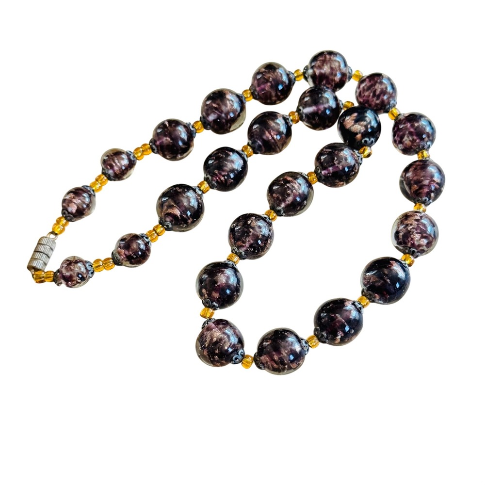 Flapper deco Glass Necklace VTG Aventurine Gold Fleck Venetian Murano Italy 18"